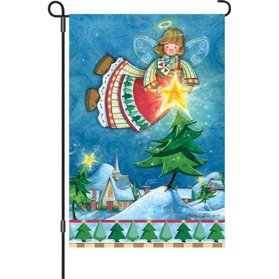 12 in. Happy Christmas Angel Flag featuring a vibrant angel design, shining brightly in a decorated garden setting.
