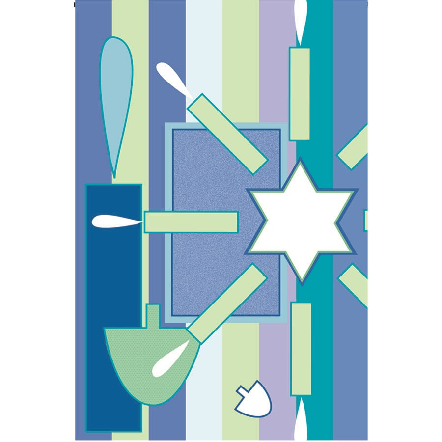 12 in. Happy Hanukkah garden flag displaying festive symbols like menorahs and dreidels, set outside in a winter garden.