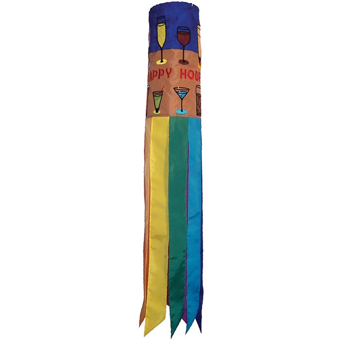 Happy Hour Cocktail 40 inch windsock with colorful cocktail designs and eight coordinating tails displayed in an outdoor garden setting.