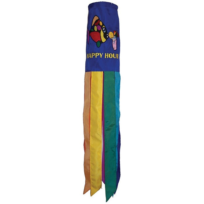 Happy Hour Fish 40" windsock featuring bright colorful design and fluttering tails, hanging outdoors in a sunny garden setting.