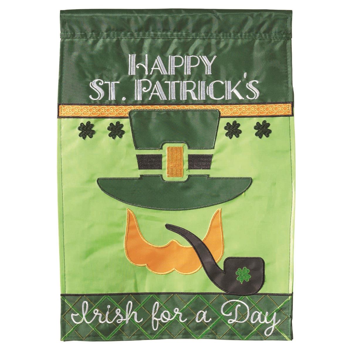 Bright and colorful Happy St Patricks Irish garden flag featuring a double-sided design made from durable nylon, enhancing outdoor festive decor.