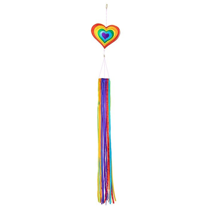 Heart & Ribbon Windsock featuring colorful rainbow satin ribbons cascading from a resin heart ornament, gently swaying in a garden setting.