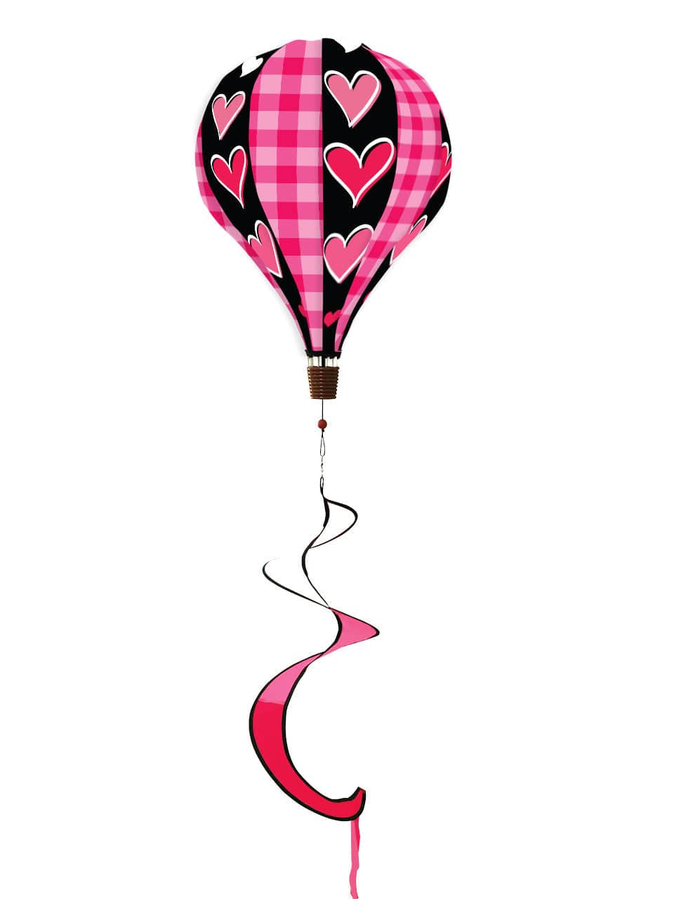 Valentine’s hot air balloon spinner with heart patterns, durable polyester, and romantic spinning design for festive garden or porch decoration.