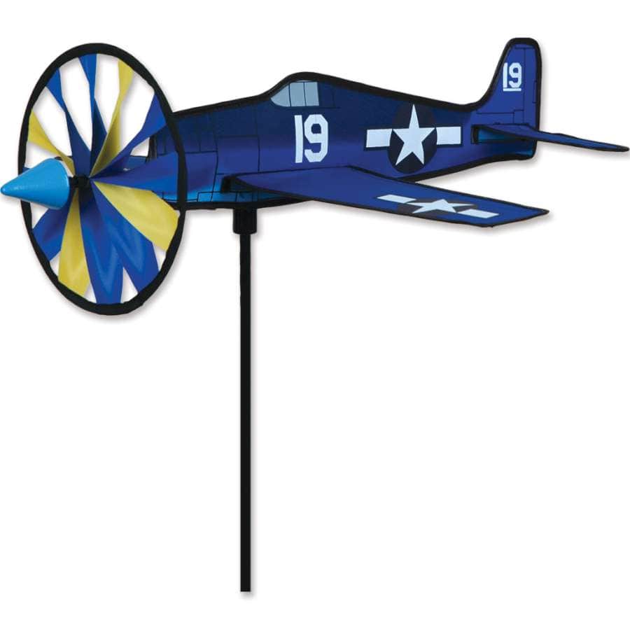 Small blue navy hellcat spinner with rotating propeller and authentic warplane detailing for decorative use in outdoor yards or gardens.