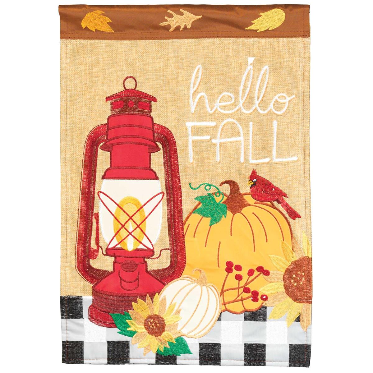 Hello Fall Lantern Garden Flag featuring vibrant autumn lantern design displayed outdoors on a garden flag pole.