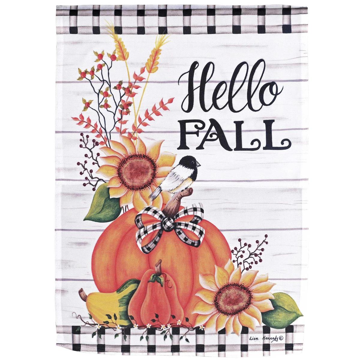 Hello Fall Pumpkin Garden Flag measuring 13x18 inches, featuring a vibrant pumpkin design against a background, displayed outdoors.