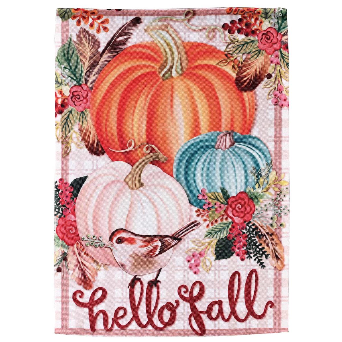 Hello Fall Pumpkins bird garden flag showcasing colorful pumpkin designs displayed on a flag pole in a garden setting.