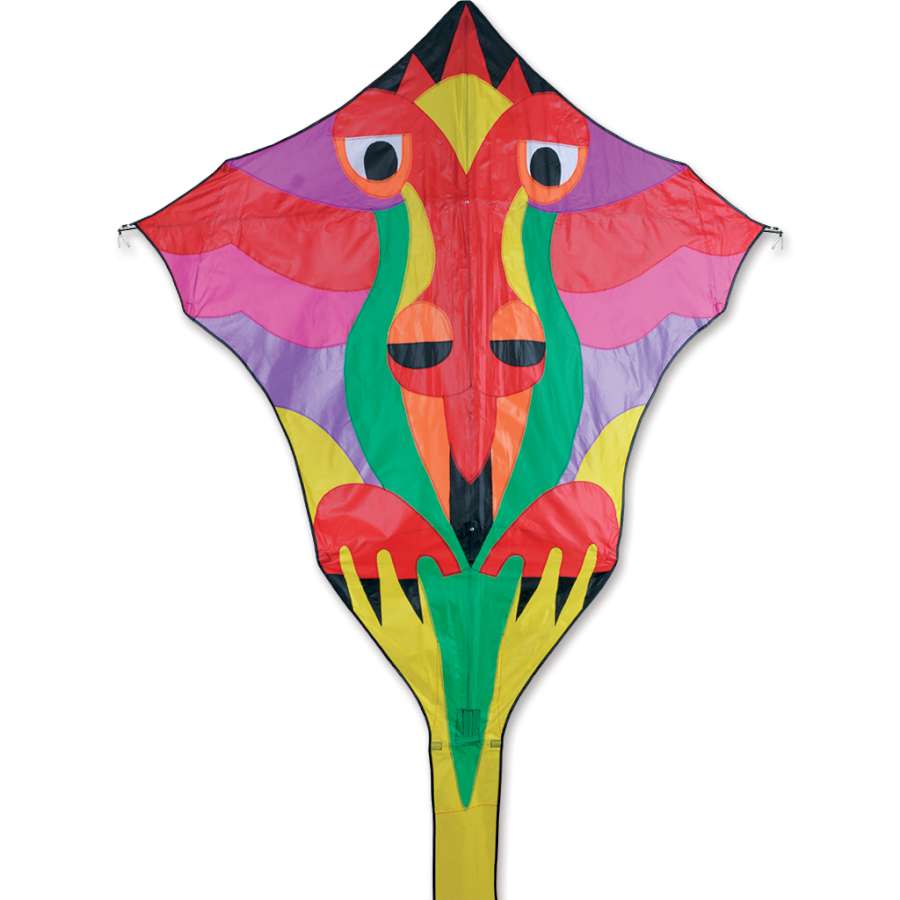 Hespeler Diamond Dragon kite displaying vibrant dragon artwork in a bright blue sky, showcasing its impressive size and design.