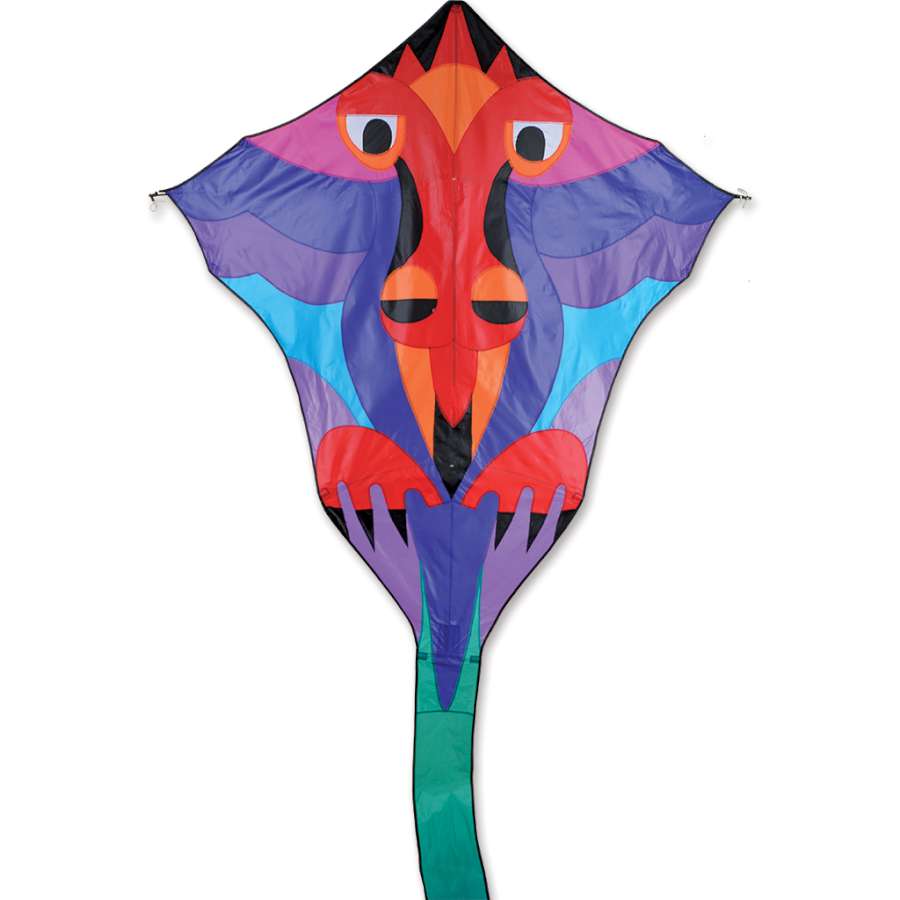 Hespeler Diamond Dragon kite soaring in the sky with a vivid dragon design, showcasing its large size of 66x67 inches and colorful banner.