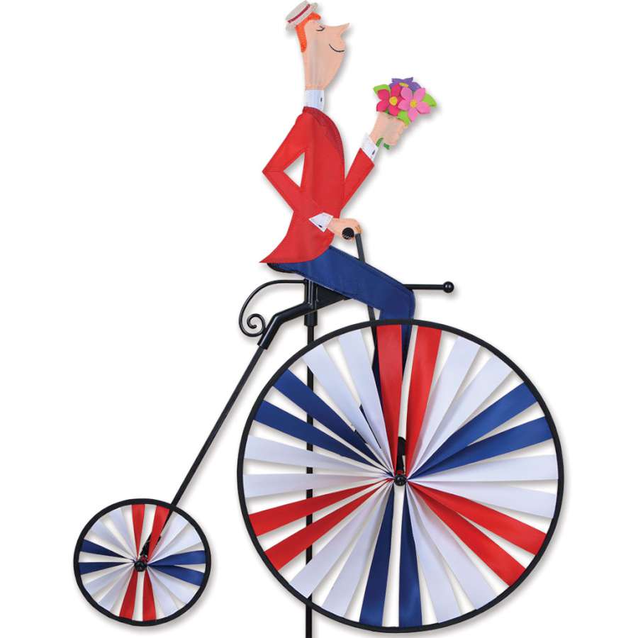 High Wheel Bike Spinner featuring a classic bicycle wheel design, spinning in an outdoor garden setting, adding beauty and movement.