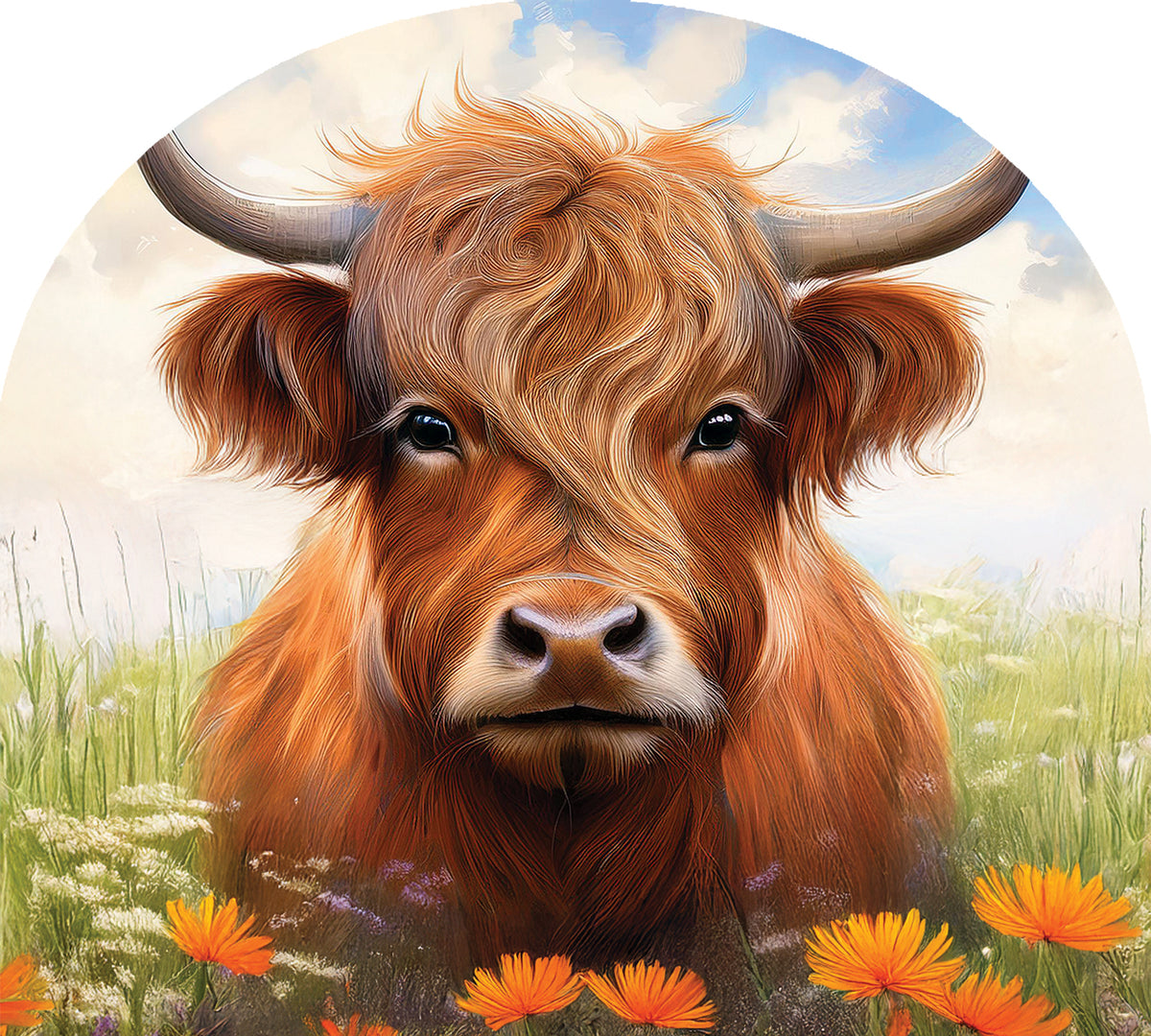 Highland Cow Arbor Mate decorative panel, 9.25x7.5 inches, featuring a whimsical Highland cow illustration displayed in a garden setting.