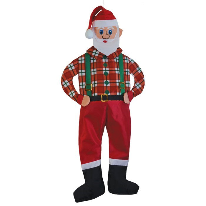 Hipster Santa Wind Friend features a plaid shirt and suspenders, displayed outdoors, capturing a modern essence of Father Christmas.