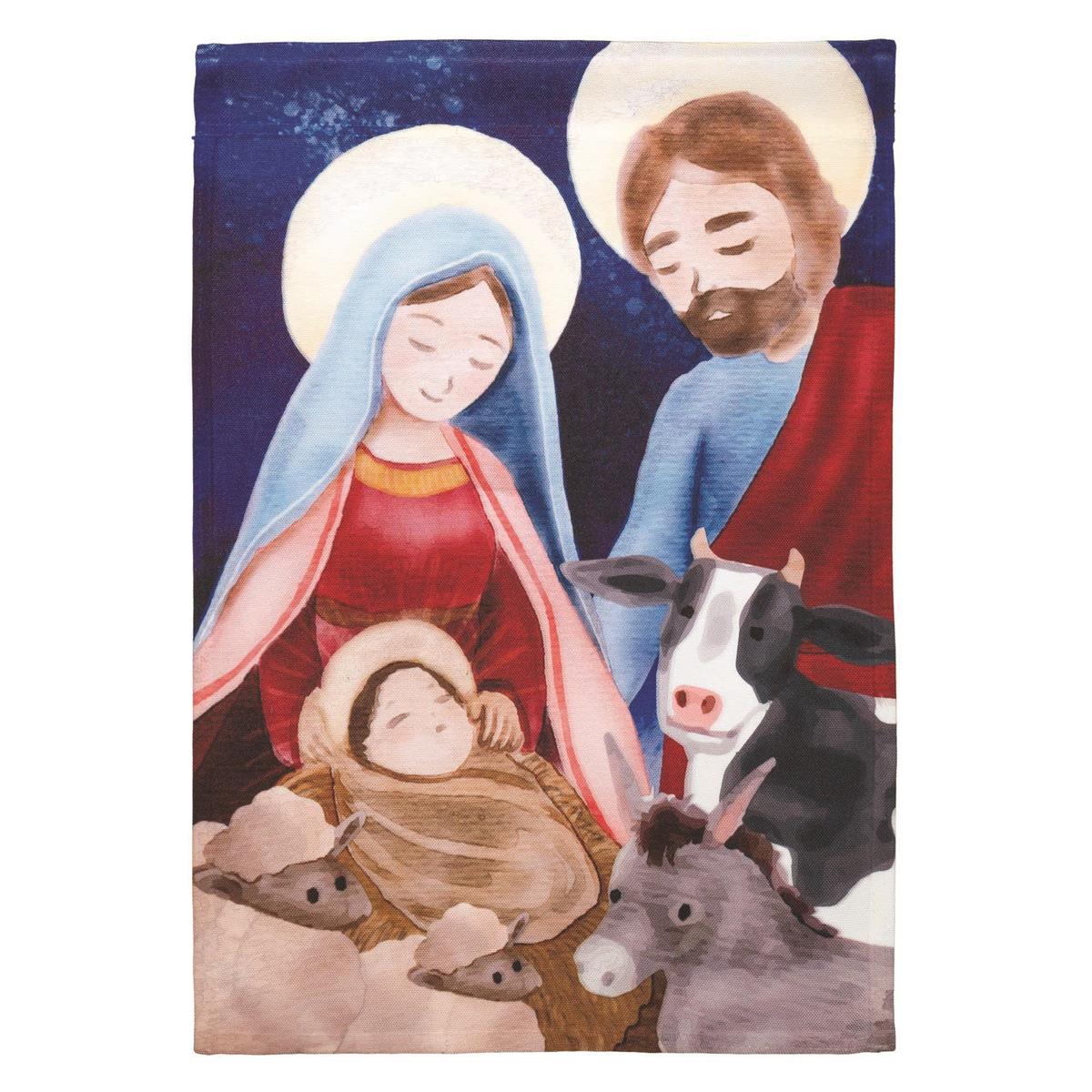 Holy Family With Animals garden flag measuring 13x18 inches, showcasing vibrant sublimated design displayed on a flagpole in a garden setting.