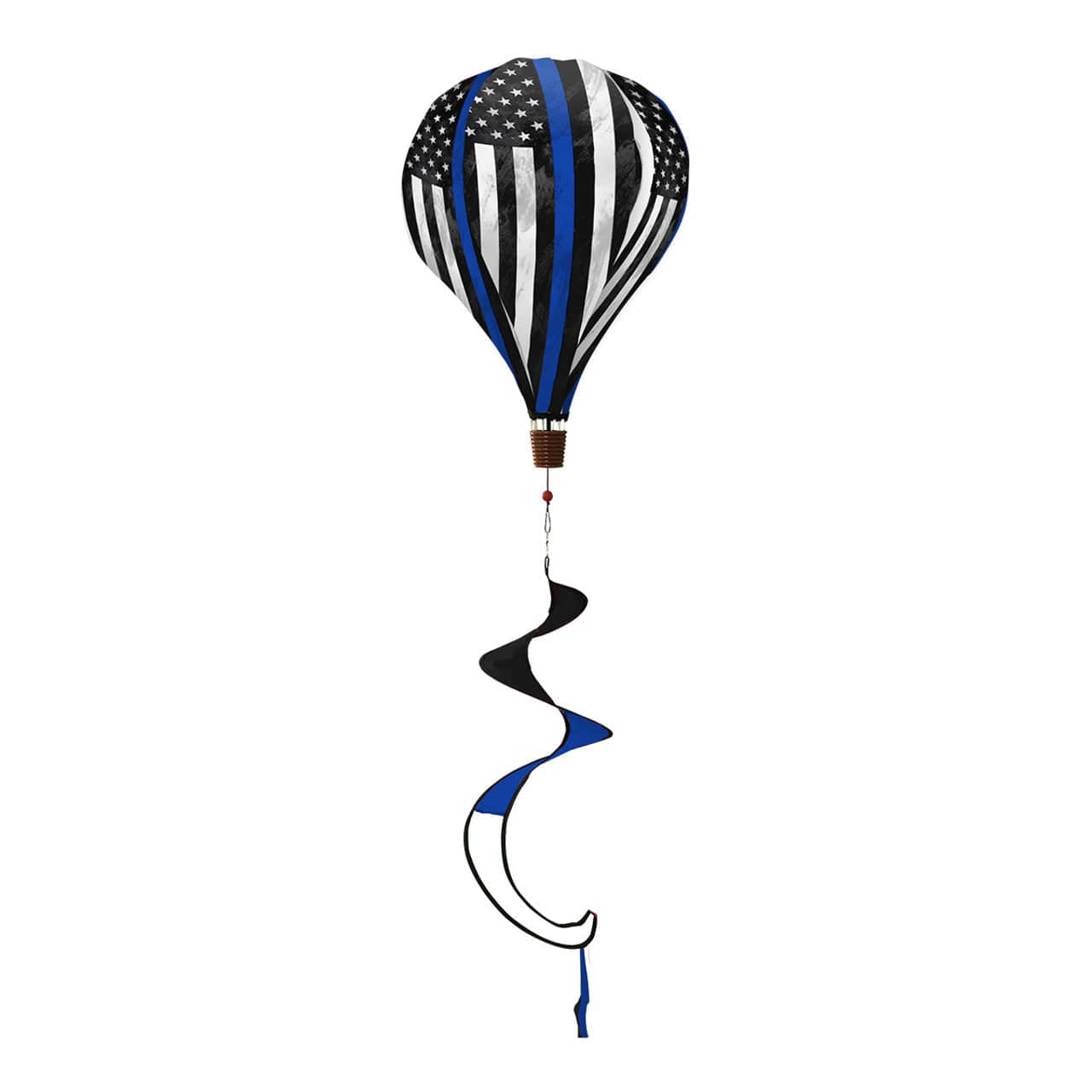 Hot air balloon spinner with patriotic tribute, stars and shield design, and swirling tail for outdoor décor that honors those who protect and serve.