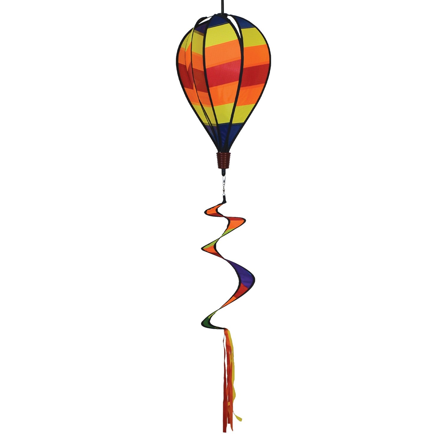 Hot Stripe Hot Air Balloon spinner with bright striped design in motion, hanging in a garden setting against a blue sky.