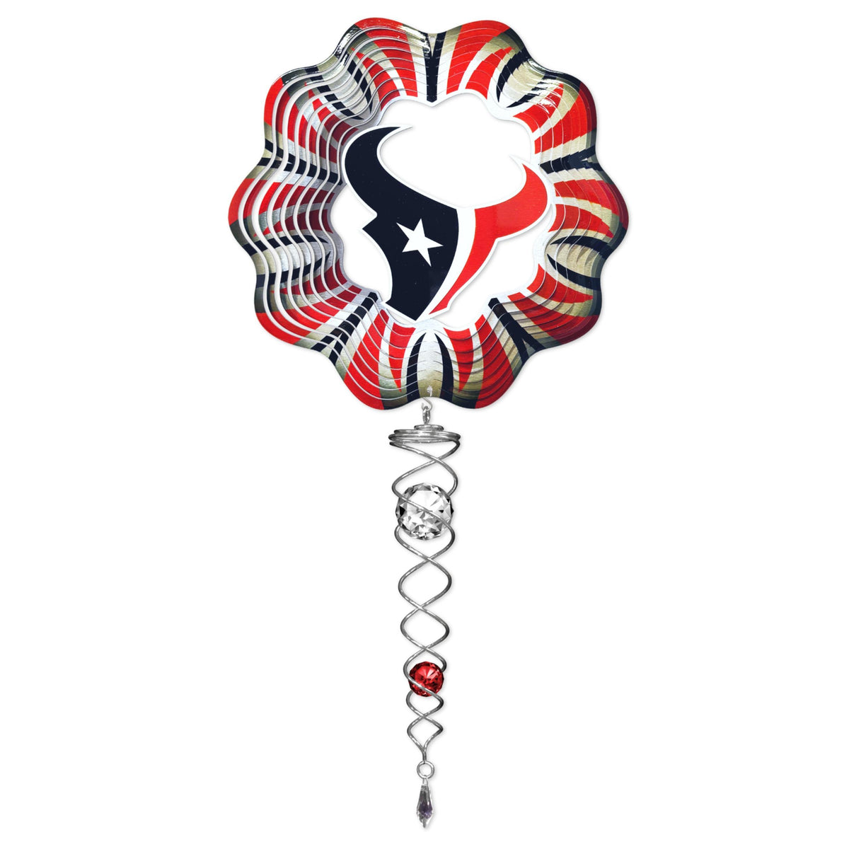 Houston Texans NFL Mini Set featuring a 6.5-inch wind spinner and a 7.5-inch crystal twister, showcasing bold team artwork in motion outdoors.