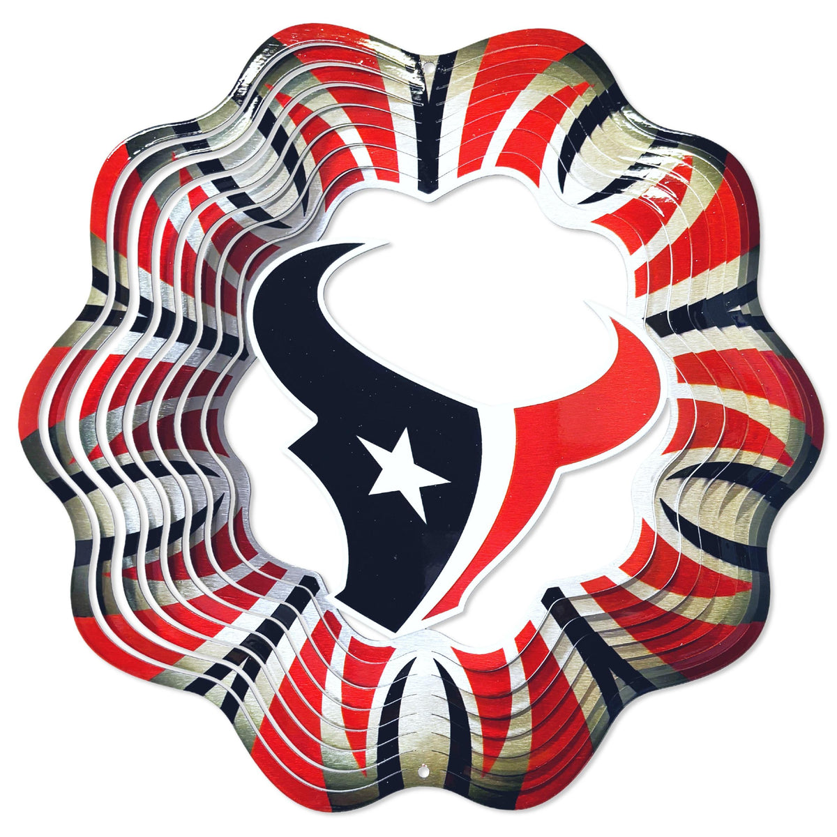 Houston Texans NFL Wind Spinner with vibrant team artwork, spinning in a garden setting, showcasing bold colors and dynamic movement against the background.