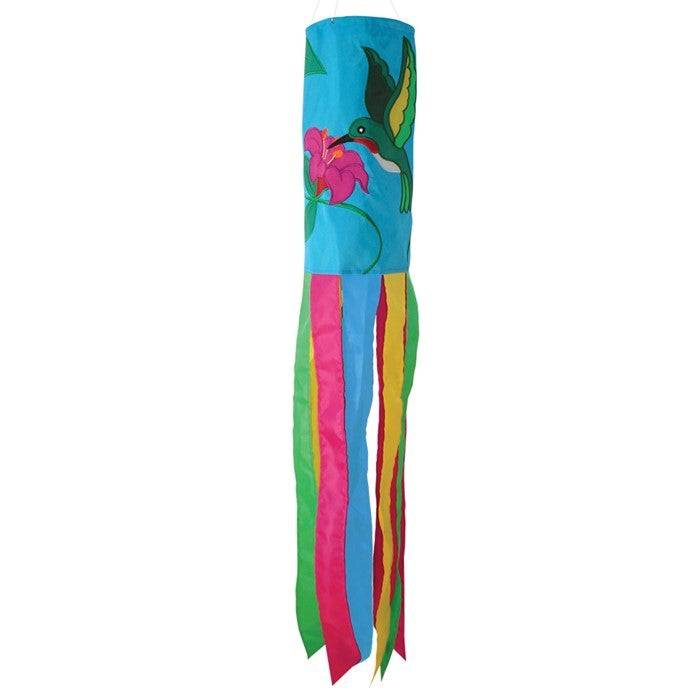 Hummingbird 40" windsock displaying bright colors and embroidered graphics, elegantly fluttering in the breeze against a blue sky.