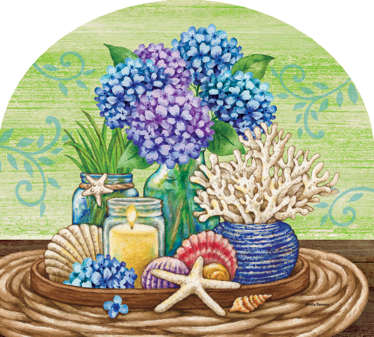 Hydrangeas Still Life-Arbor Mate decorative panel displayed in a vibrant garden setting, showcasing beautiful hydrangea blooms.