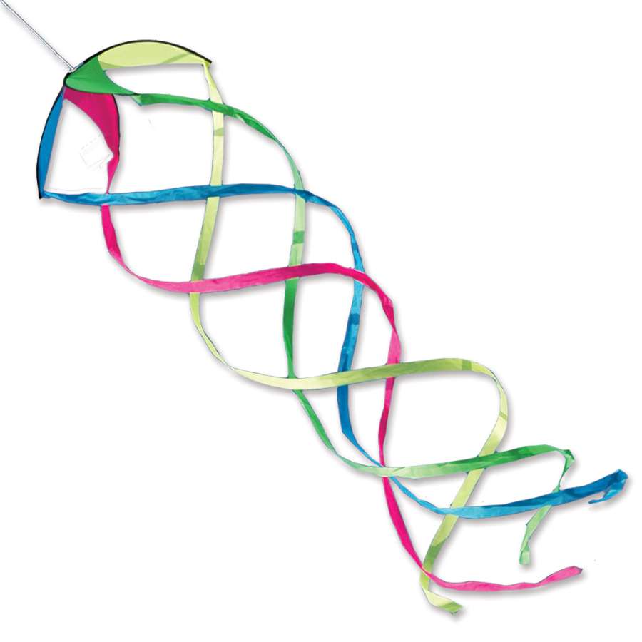 Hypno Twister 22-inch neon wind spinning accessory, creating a mesmerizing visual effect attached to a kite in an outdoor setting.