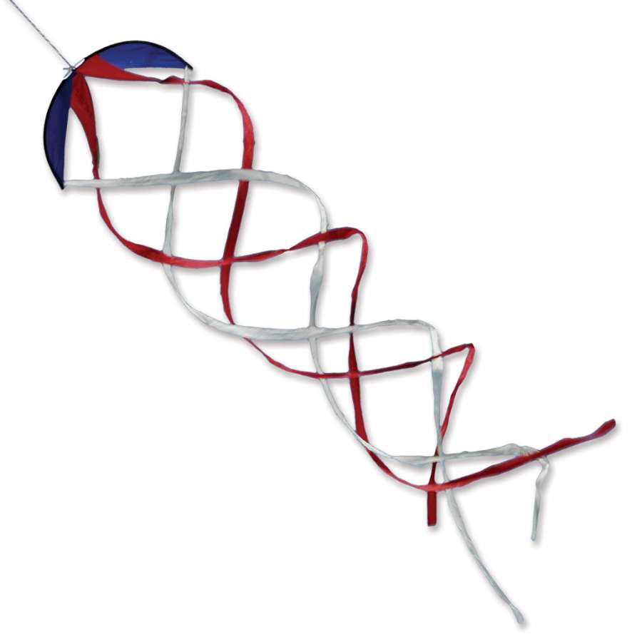 Hypno Twister 22-inch kite tail displaying a vibrant helix pattern spinning gracefully in the wind during an outdoor kite-flying event.