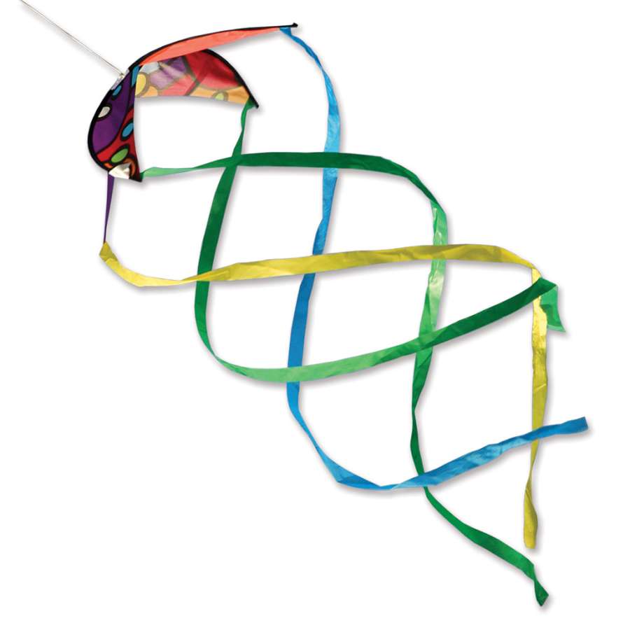 Hypno Twister - 22 In/Orbit kite tail, featuring vibrant colors and swirling patterns, displayed spinning in the wind above a flying kite.