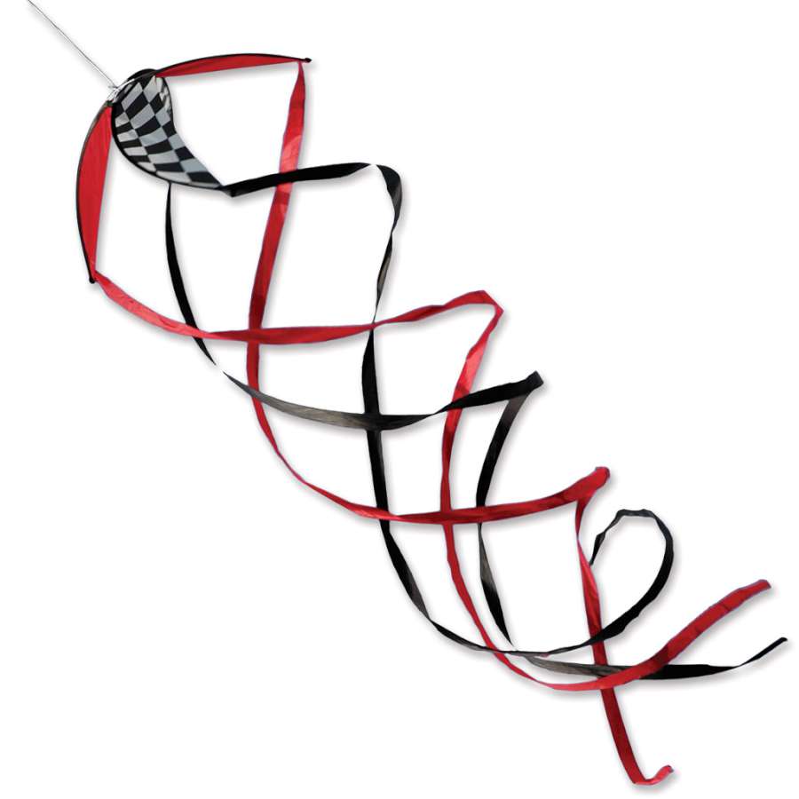 Hypno Twister 22-inch kite tail in Op-Art design, spinning in the breeze during a kite-flying event at the beach.