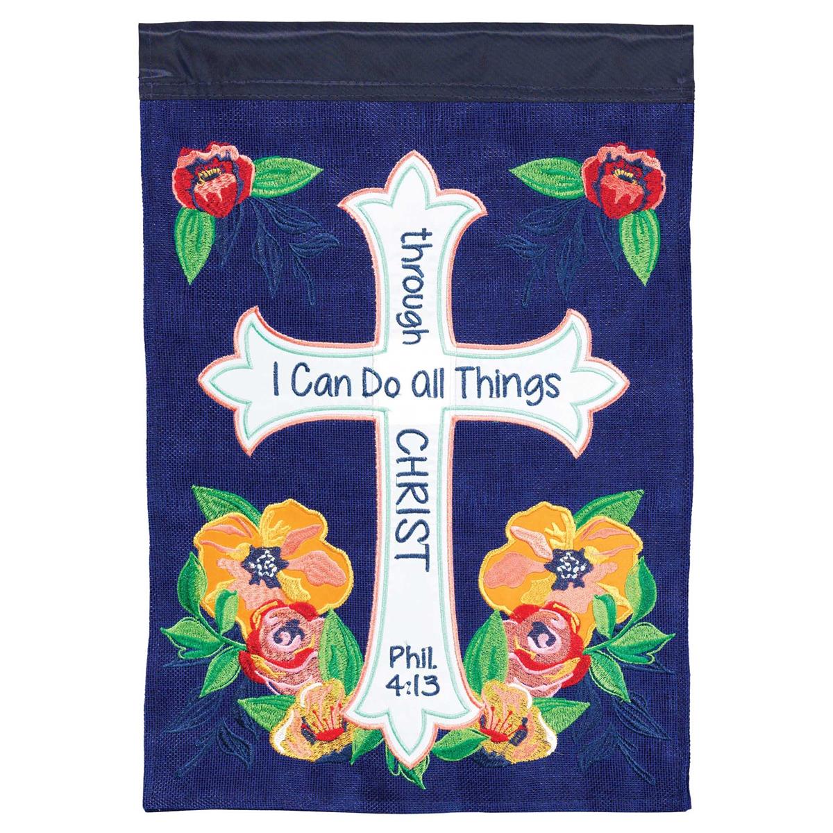 I Can Do All Things banner flag showing vibrant designs with fabric appliques displayed outdoors, highlighting its double-sided construction.