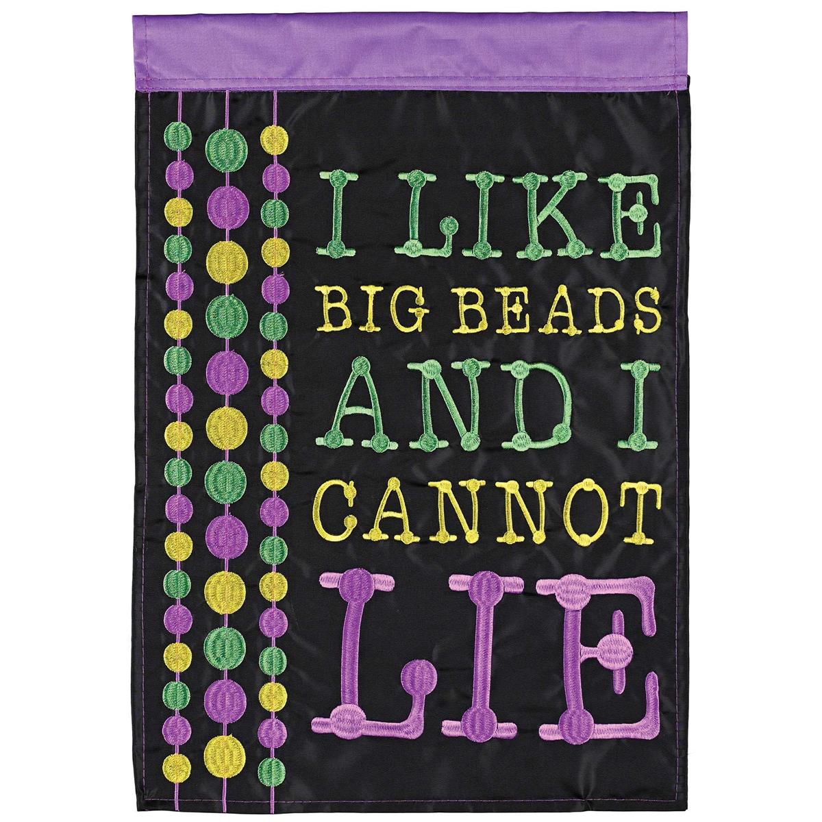 I Like Big Beads-Cannot Lie garden flag with bright double applique design displayed on a flagpole in a lush garden setting, showcasing outdoor charm.