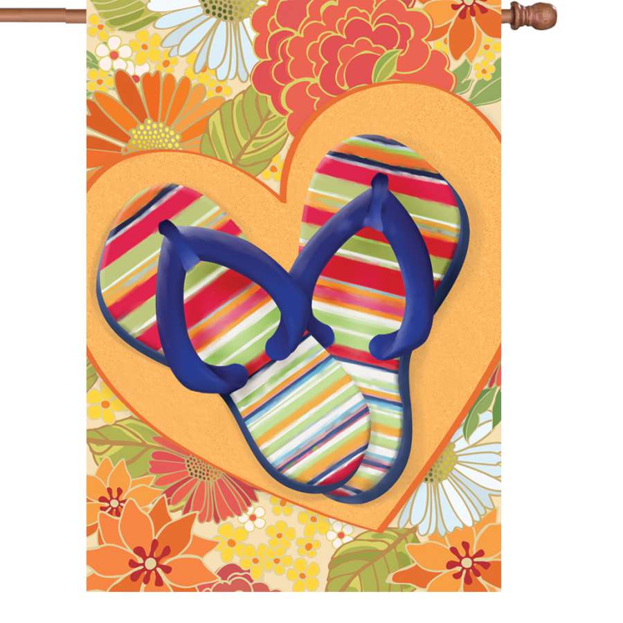 28 in. I Love Flip Flops garden flag with colorful flip flop design displayed on a flagpole in a sunny outdoor setting.