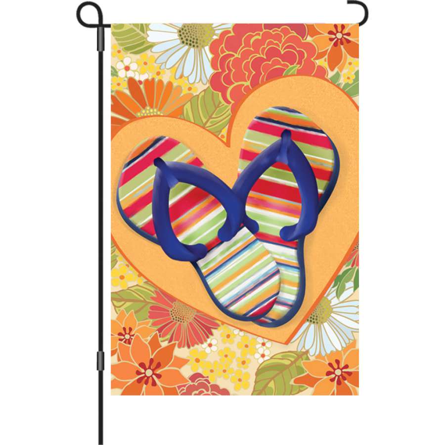 Vibrant 12 in. I Love Flip Flops garden flag, featuring a fun flip-flop design fluttering in a garden display.