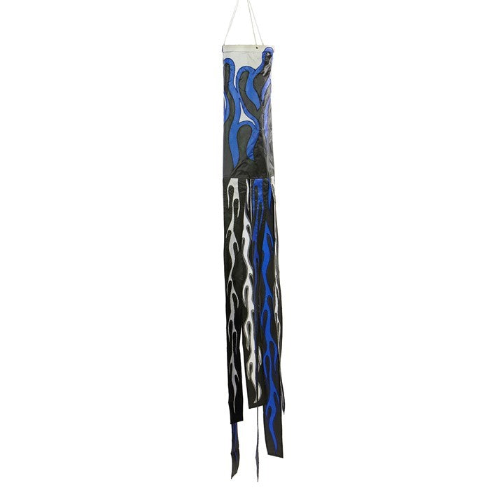 48-inch Ice Flame Windsock featuring a vivid blue and orange design, fluttering in the wind against a clear outdoor backdrop.