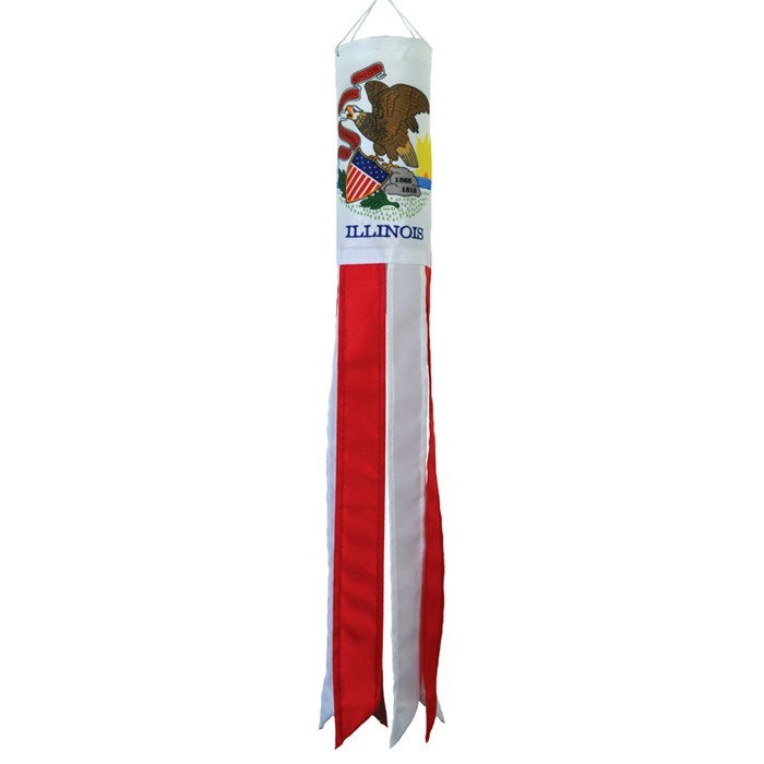 Illinois 18 inch windsock with colorful appliques and embroidered accents hanging in a garden, showcasing state pride in the breeze.
