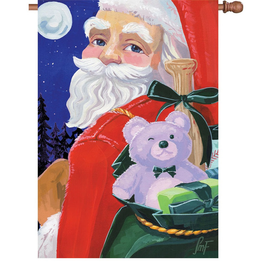 28 in. Illuminated Santa Flag featuring a bright, colorful design of Santa Claus, displayed outdoors in a holiday setting.