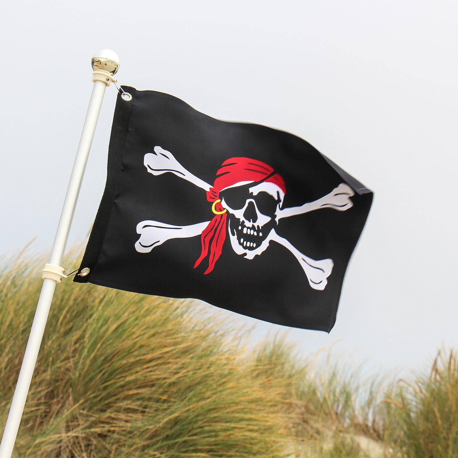I'm a Jolly Roger Lustre 12x18 Grommet Flag featuring skull and crossbones design, displayed on a flagpole in a vibrant setting.