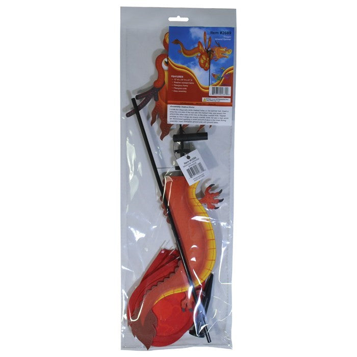 Alt text: "12-inch Dragon Spinner with vibrant red dragon and flying petal design, elegantly displayed in a garden setting.