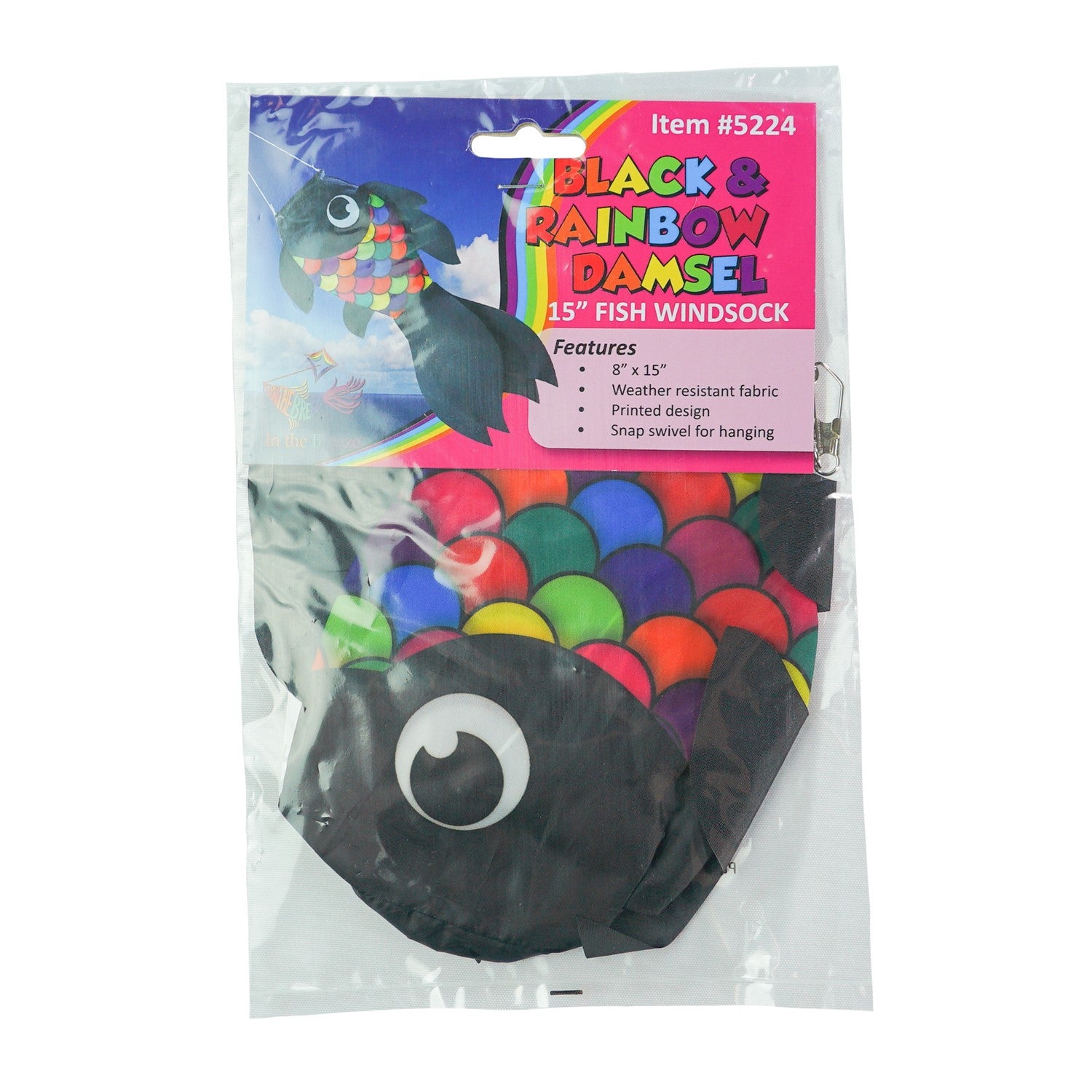 Alt Text: 15-inch Black & Rainbow Damsel Fish windsock fluttering gently in the breeze, showcasing vibrant colors and playful design.