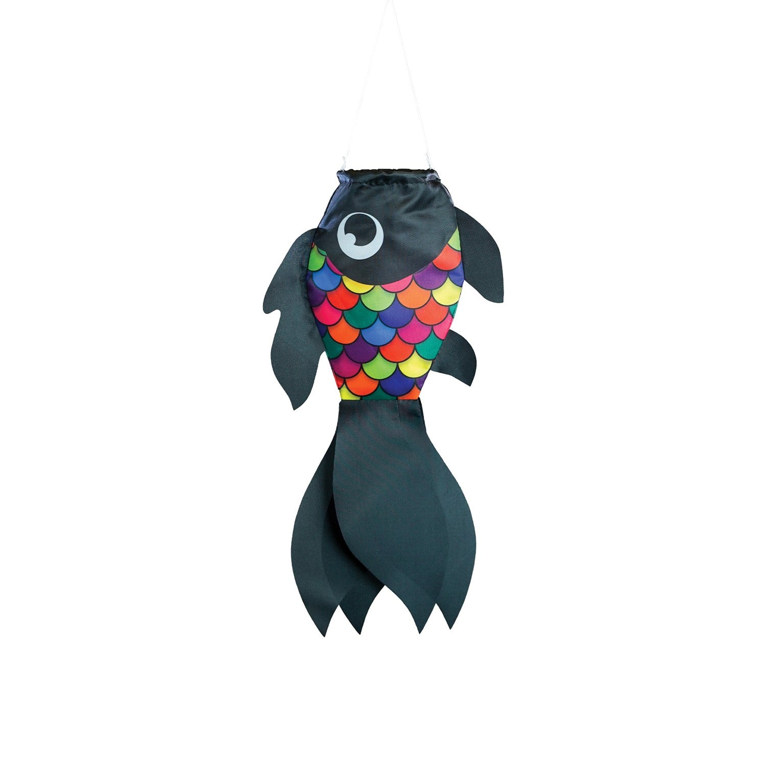 Alt Text: 15-inch Black & Rainbow Damsel Fish windsock fluttering gently in the breeze, showcasing vibrant colors and playful design.