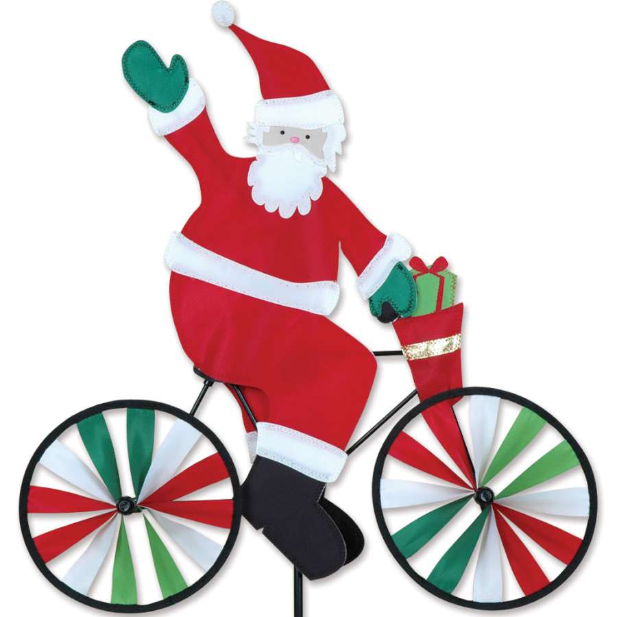 Alt Text: "20 in. Bike Spinner featuring a vibrant Santa design spinning in the breeze in a colorful outdoor setting.