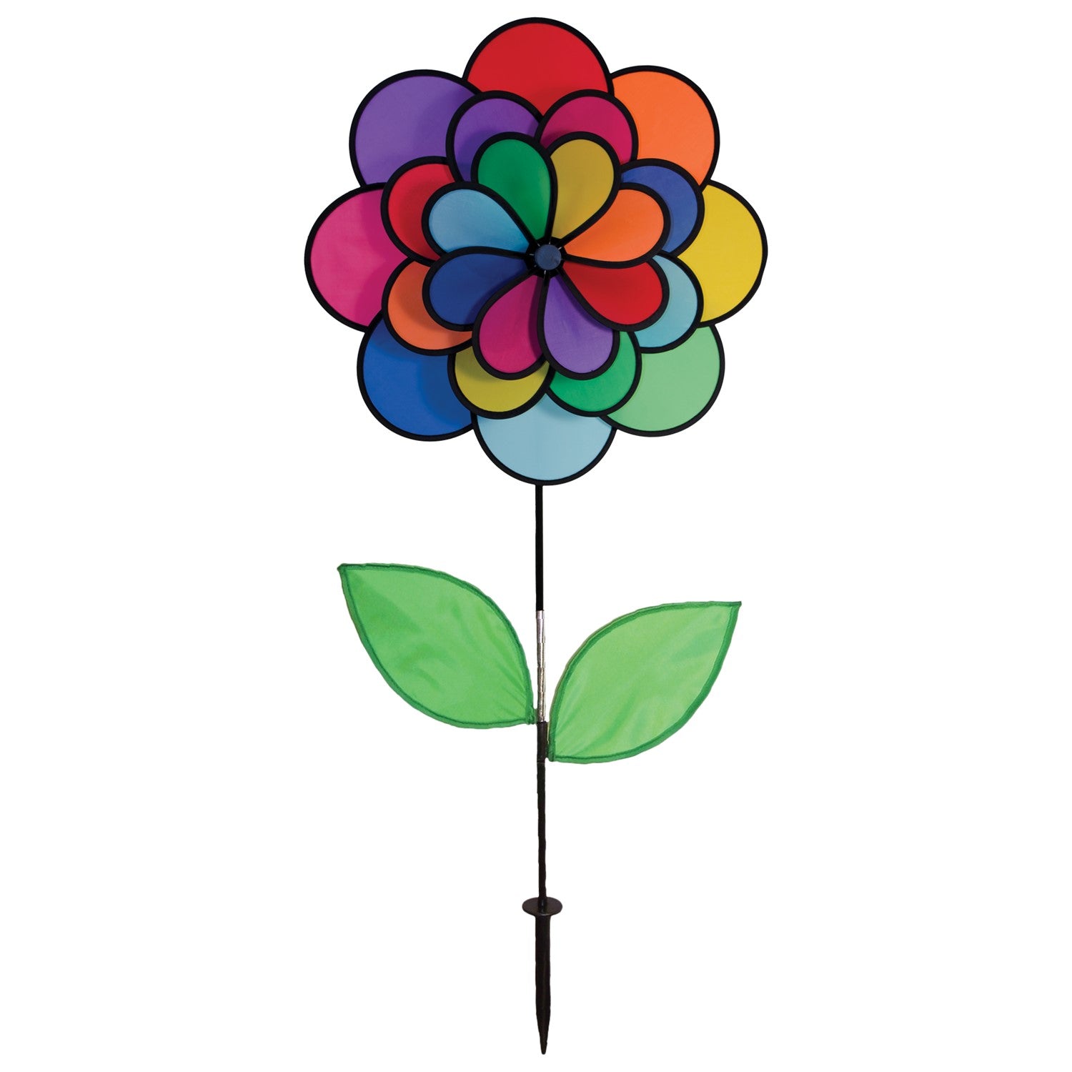Alt Text: "Vibrant 24 Petal Flower spinning in the garden with colorful petals and leaves attached to a fiberglass stem, showcasing a delightful outdoor decor option.