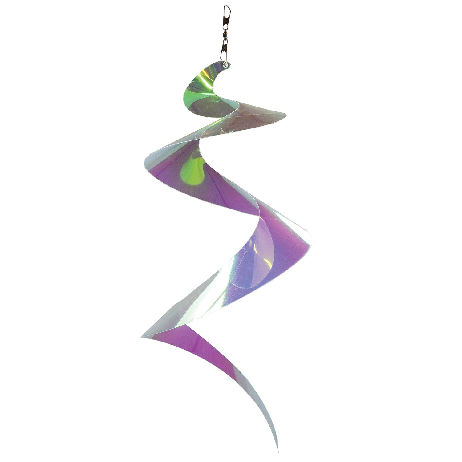 Alt Text: "30-inch iridescent twister tail made of Mylar, spinning gracefully in the sunlight, showcasing vibrant colors and reflections in an outdoor setting.