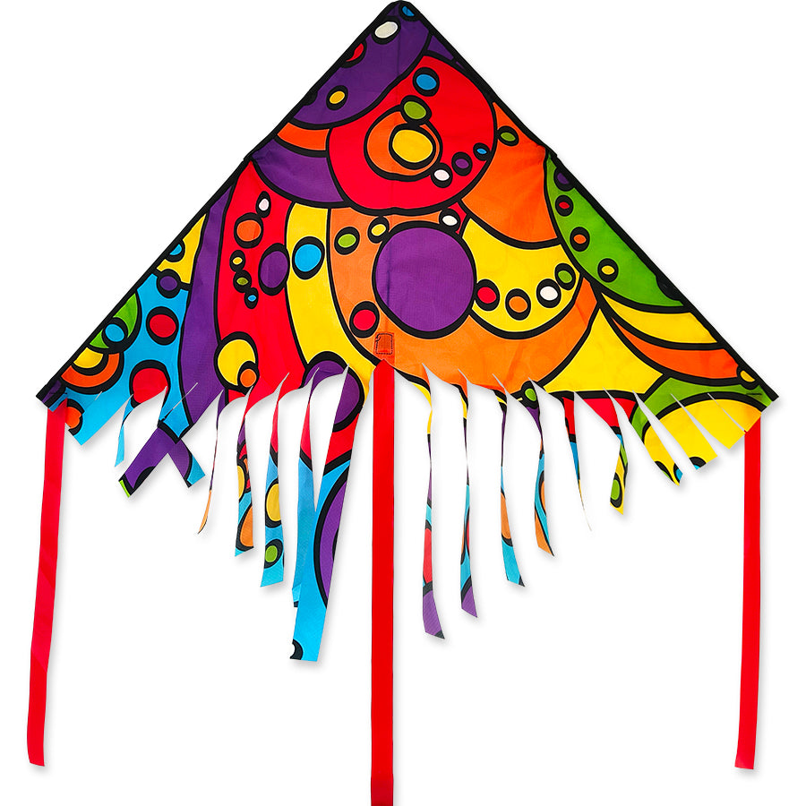 Alt Text: "42 in. Fringe Delta Kite - Rainbow Orbit with colorful design soaring against a blue sky, perfect for outdoor fun and family activities.