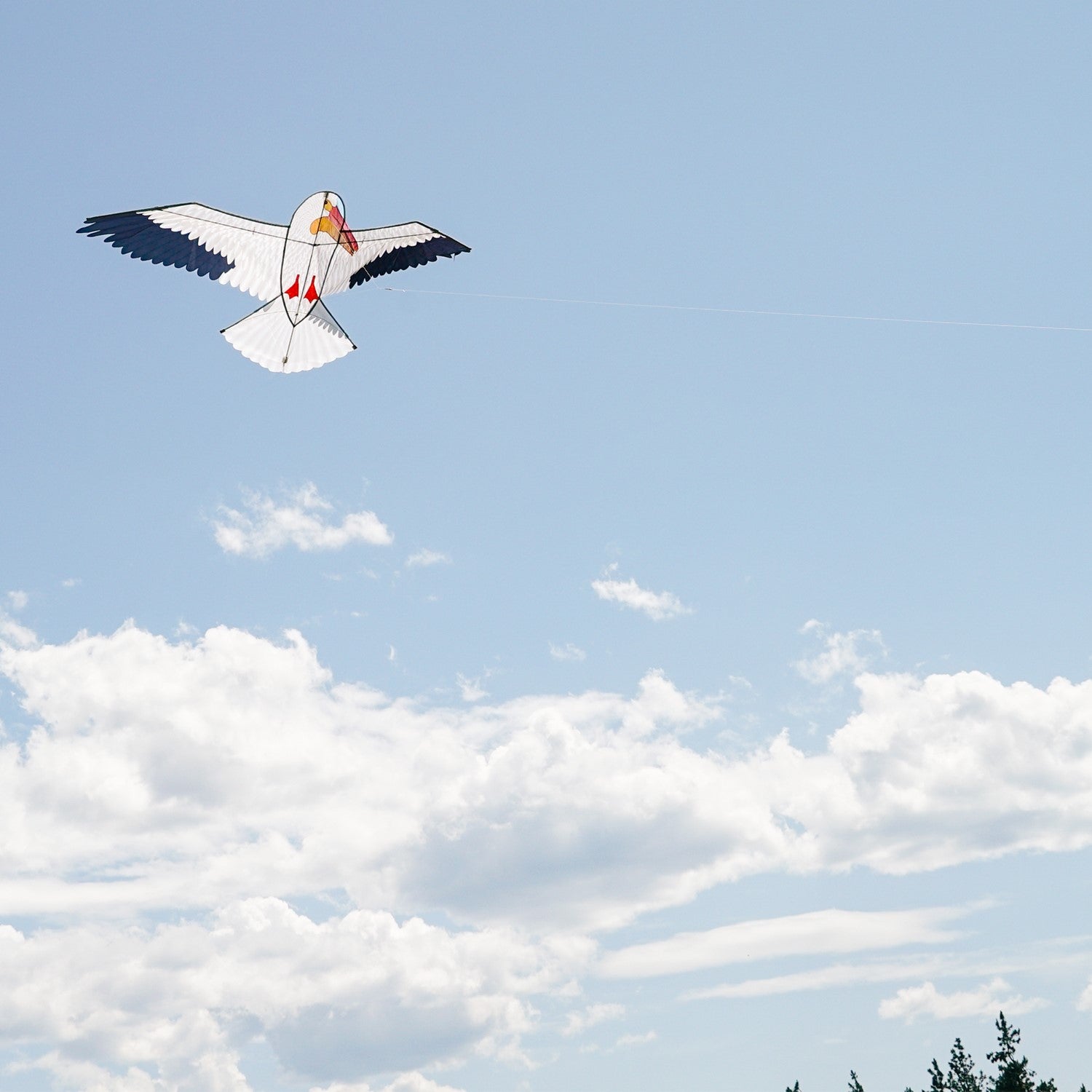 Alt Text: "70" Pelican Kite in flight, showcasing realistic bird design against a bright blue sky, perfect for beach or outdoor fun.