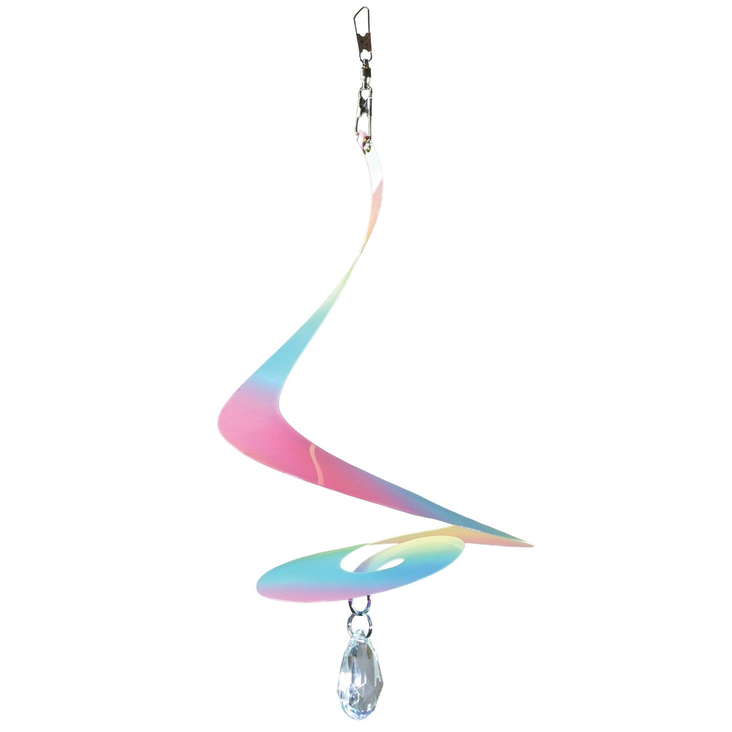 Alt Text: 8" Striped Iridescent Tear Drop Curlie with attached crystal spinner, displaying vibrant colors while hanging outdoors in a sunshine-filled garden.