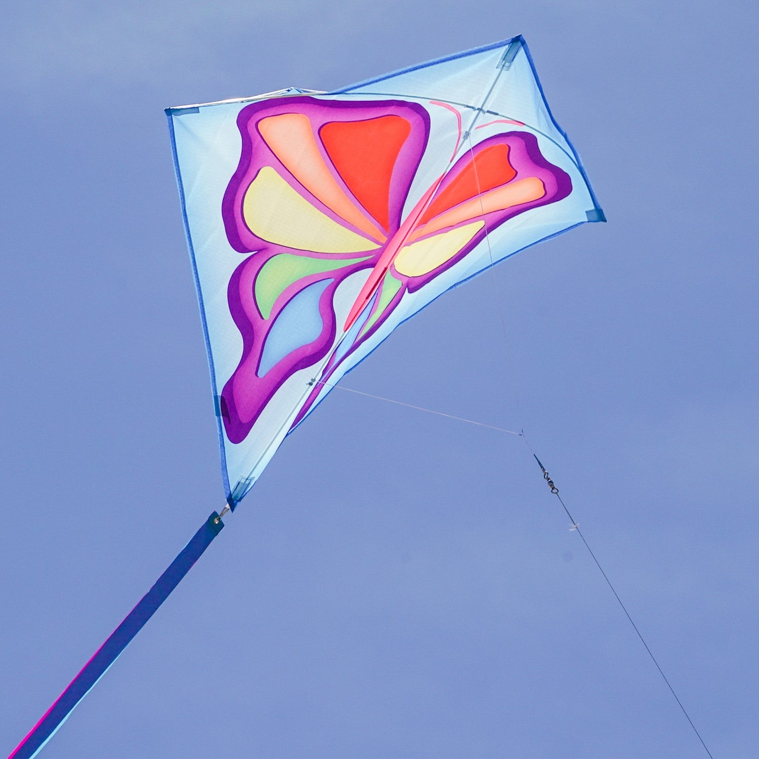 Alt text: Butterfly 30" Diamond Kite with vibrant butterfly prints and three color-coordinated tails being flown in a park setting.