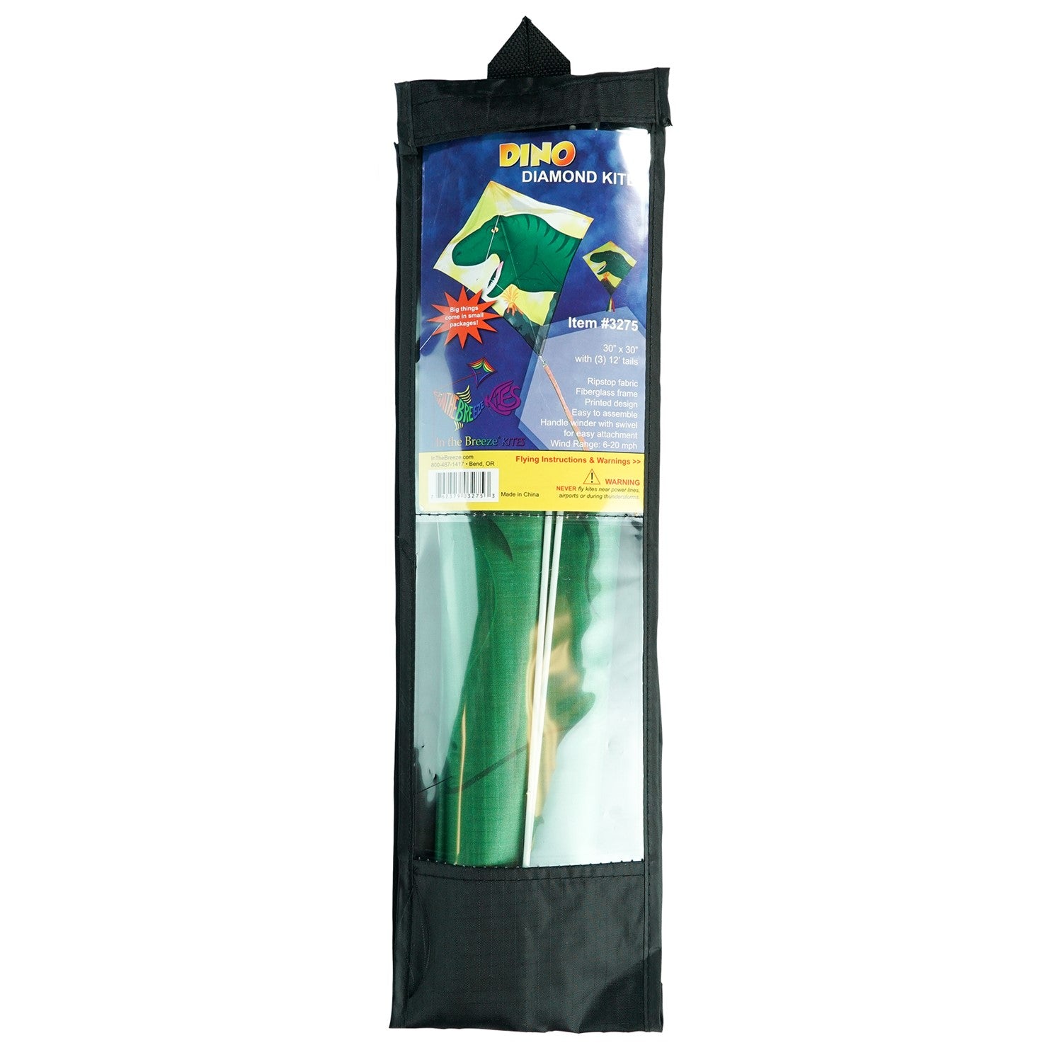 Alt Text: "Dinosaur 30-inch diamond kite with vibrant design and tails, flying in a clear blue sky on a sunny day, ready for outdoor fun.