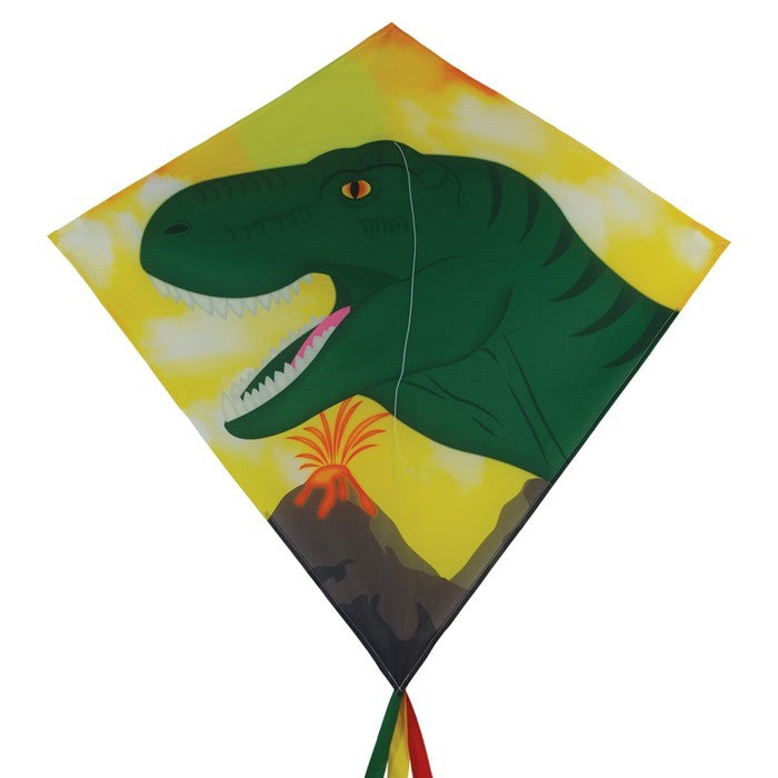 Alt Text: "Dinosaur 30-inch diamond kite with vibrant design and tails, flying in a clear blue sky on a sunny day, ready for outdoor fun.