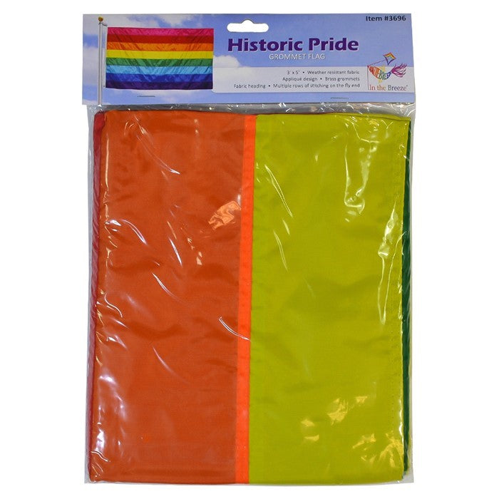 **Alt Text** Historic Pride 3x5 Grommet Flag displaying Gilbert Baker's eight-stripe design outdoors, symbolizing LGBTQ+ pride and diversity.