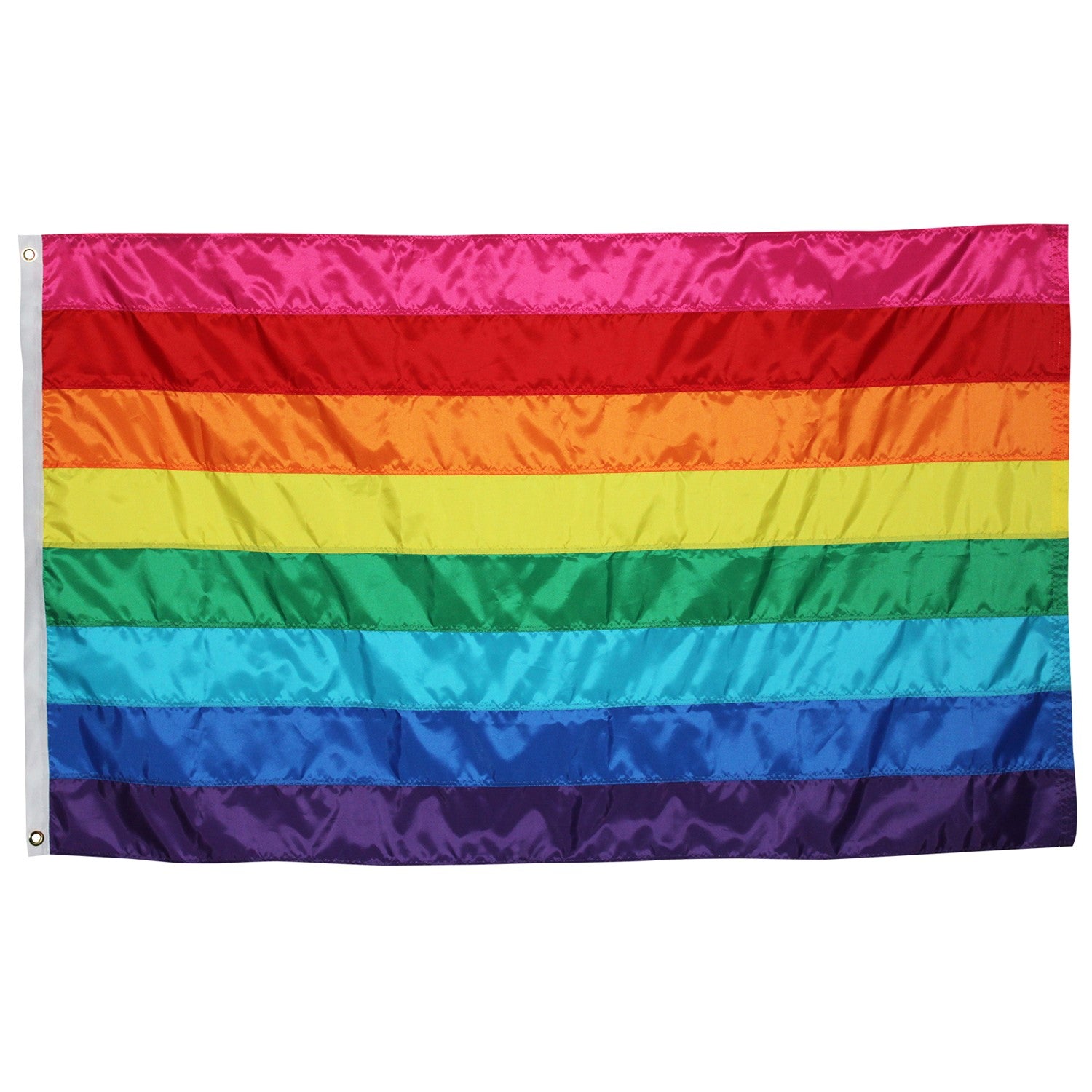 **Alt Text** Historic Pride 3x5 Grommet Flag displaying Gilbert Baker's eight-stripe design outdoors, symbolizing LGBTQ+ pride and diversity.