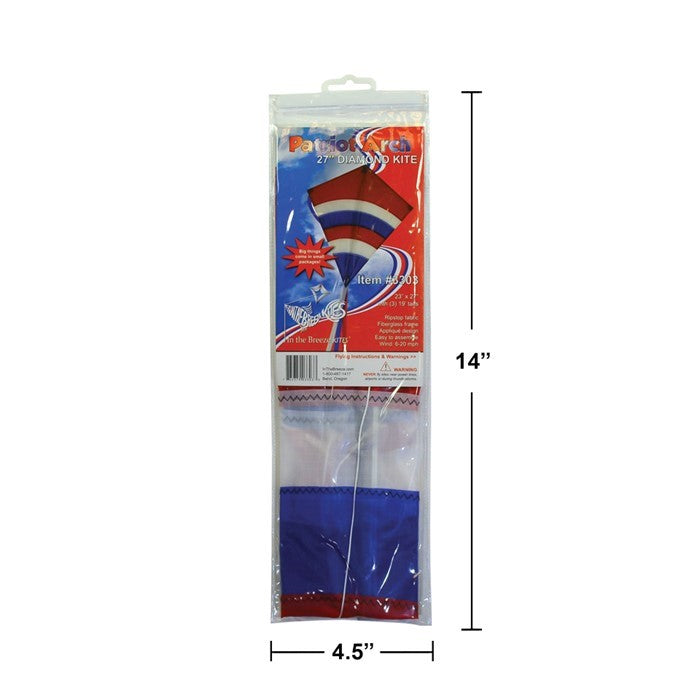 Alt Text: Patriotic Arch 27" Diamond Kite with vibrant colors and long tails flying against a blue sky during an outdoor family activity.